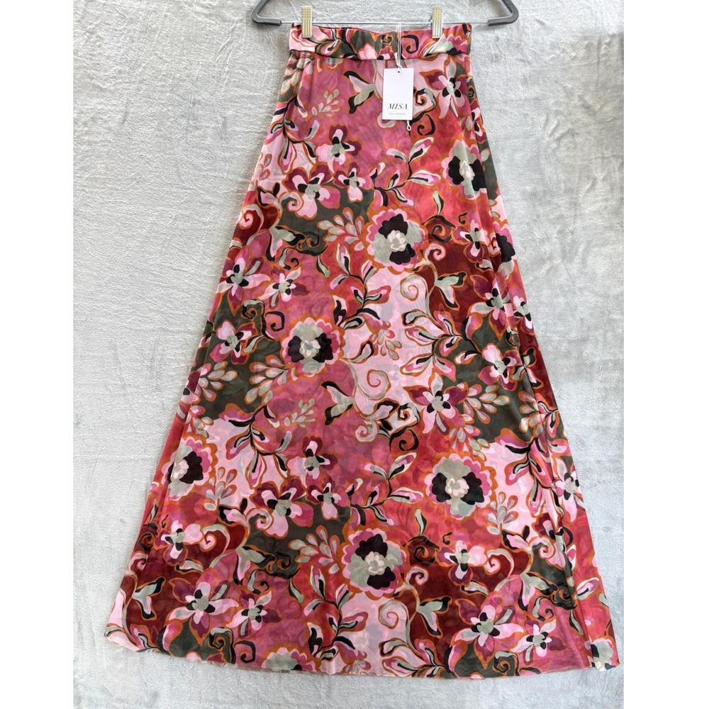 NWT MISA Los Angeles Ekat Skirt Resort Batik Mesh Floral Maxi Pink XSmall 2023